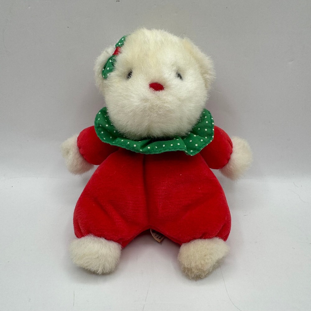 Soft Dreams Plush White Toy Teddy Bear Rattle 8" Red Holiday Christmas Rare